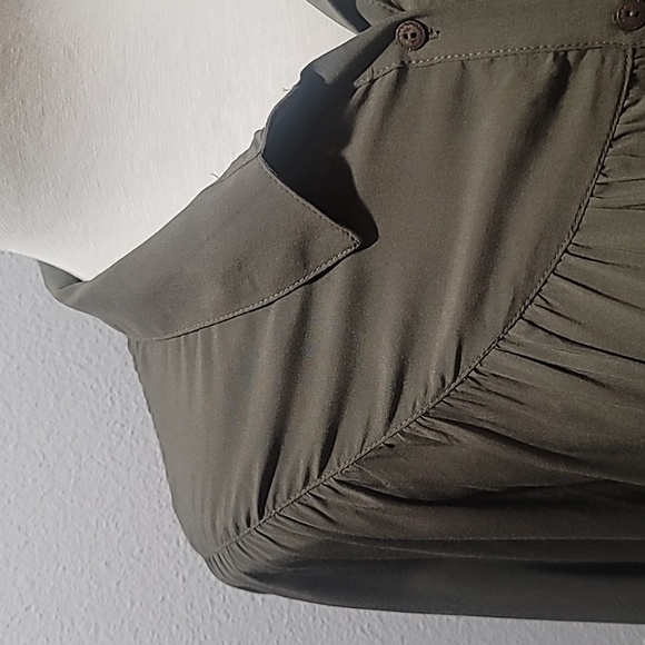 FREE PEOPLE Large Olive Green Button Down Bat Wing Bohemian Hippie Rayon Blouse - Picture 7 of 16